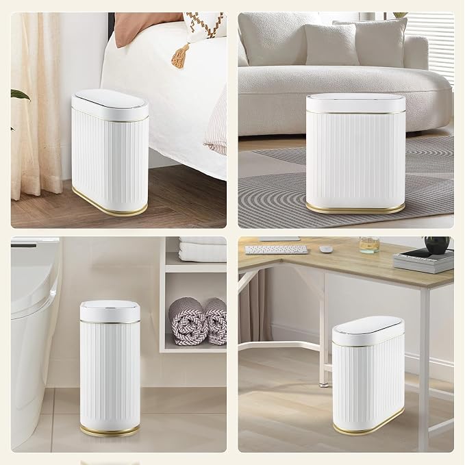 ELPHECO Slim Bathroom Trash Can with Lid, 2 Gallon White Golden | Smart Garbage Can, Plastic Wastebasket, Narrow Garbage Bin, Waterproof Bathroom Decor for Bedroom
