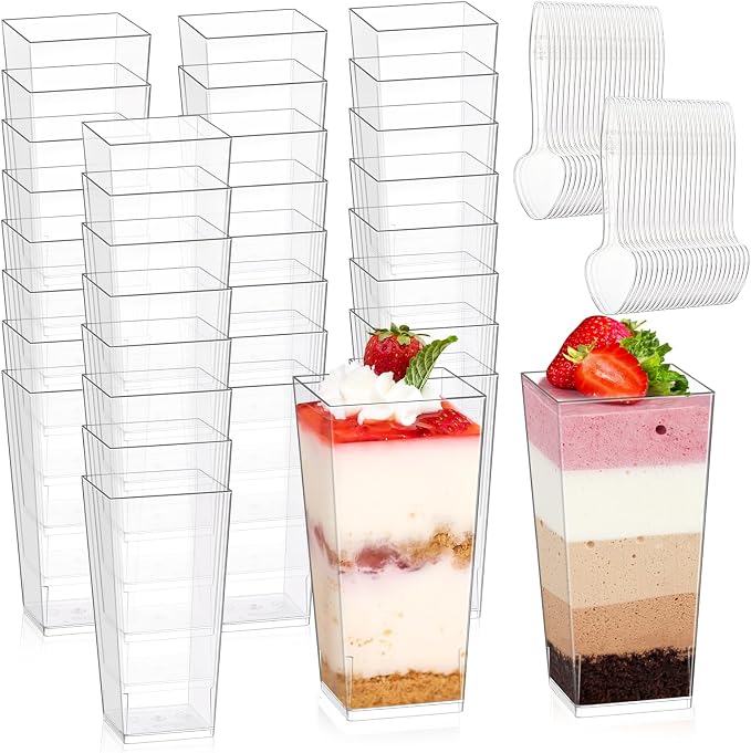 mwellewm 240 Pcs Dessert Cups with Spoons 120 Pcs 3 OZ Mini Clear Plastic Desert Parfait Cup 120 Pc Spoons for Party Small Square Serving Wine Shot Disposable Fruit Ice Cream Mousse Appetizer Bowl