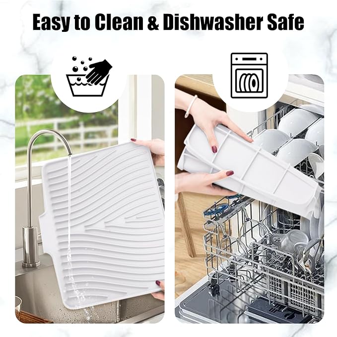 TIKNIK Silicone Dish Drying Mat for Kitchen Counter, White-2pcs, 16" x 12" | Heat Resistant & Non-Slip Dish Drain Pad with Built-In Drain, Dishwasher Safe, Quick-Dry, Hangable & Roll-Up for Storage