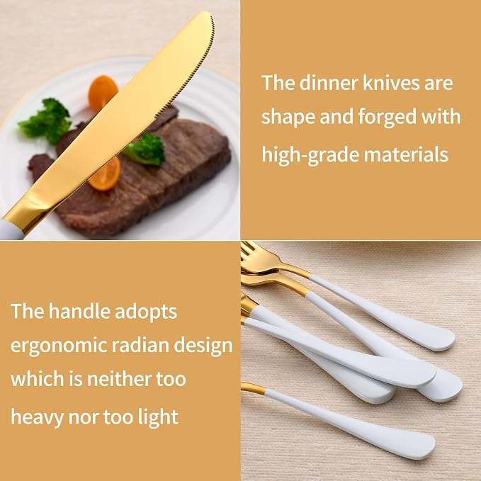 20-Piece White and Gold Silverware Set 18/0 Stainless Steel Silverware Set White Handle Cutlery Set Service for 4 Dinner Knives Forks Spoons Set Flatware Set Finish Dishwasher Safe