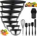 Leidawn Mixing Bowls with Lids Set, 25 PCS Black Mixing Bowl for Kitchen | Stainless Steel Nesting Bowls for Baking, Mixing, Serving & Prepping, Size 5, 3.7, 2.8, 2.3, 1.7, 1.1, 0.7QT, 11 Utensils