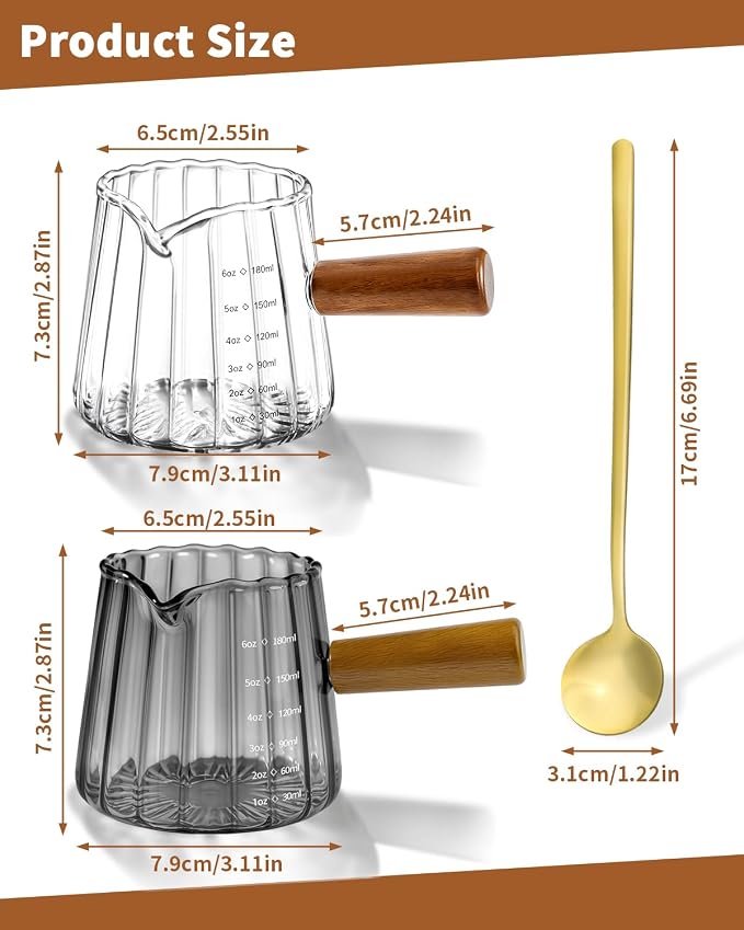 2 Pack Espresso Measuring Cups & 2 Spoons, 6oz Gray & Clear Borosilicate Glass Cups with Wood Handle, V-Shaped Spout Ribbed Milk Frothing Cup for Coffee, Latte, Cappuccino, Tea