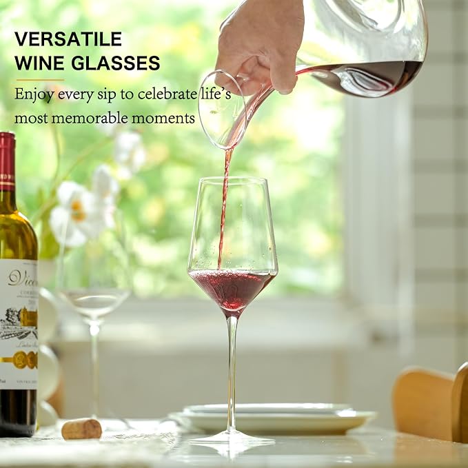 BACLIFE Hand Blown Red Wine Glasses Set of 4 – 15 oz Premium Crystal Wine Glasses With Long Stem – Unique Gift for Father's Day, Birthday, Wedding, Daily Use