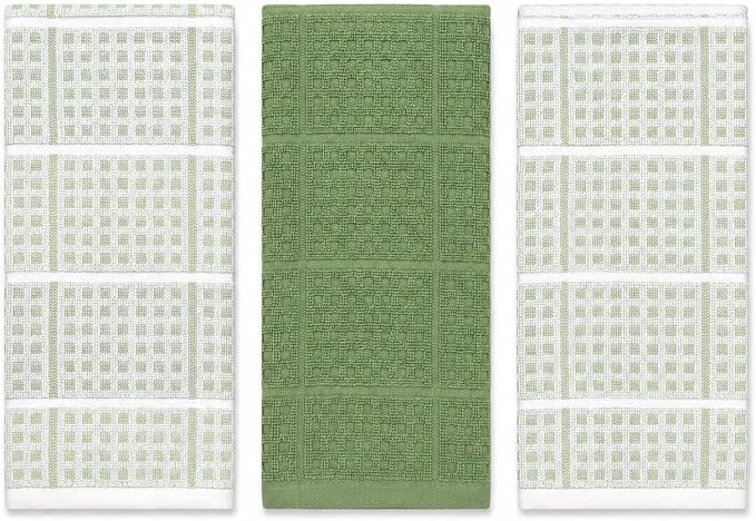 Sage Green Kitchen Dish Towels – Set of 3 100% Cotton Cloth Soft Cleaning Drying Absorbent Textured Waffle & Checkered Weave – Oversized 28" x 18" Multipurpose Towels for Everyday Use
