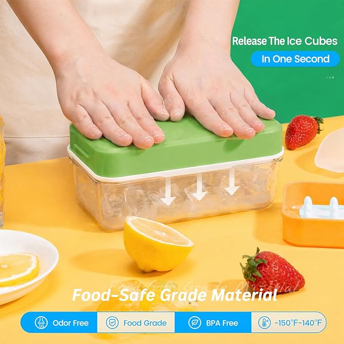 Ice Cube Tray with Lid and Bin, Easy Release 84 Cubes for Freezer | Food-grade BPA-free PP and ABS. Ice cubes for fruit, cocktails, iced coffee. Space-saving stackable with scoop
