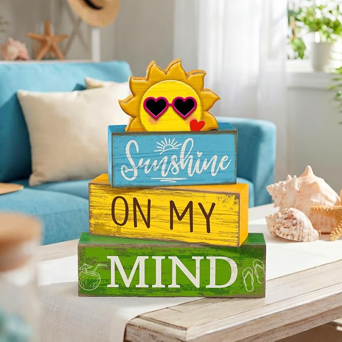Lineshading 4 Pcs Summer Wooden Block Signs Table Decor Sunshine | Rustic Farmhouse Decorations for Tiered Tray, Shelf Displays, Seasonal Home Accents with Sun Topper, Stackable Design