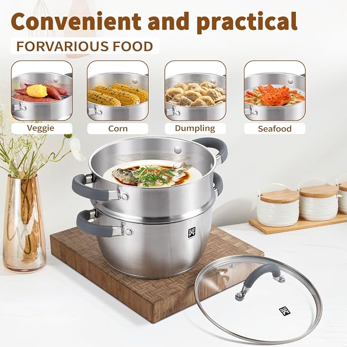 GOLDEN KEY 3.2 QT Steamer Pot With Lid - 2-Tier 18/8 Stainless Steel，Multipurpose Steaming Cookware with Vegetable Steam Basket, Oven & Dishwasher Safe, Triple Bottom for Even Heating, Perfect for Dumplings, Seafood and Vegetables