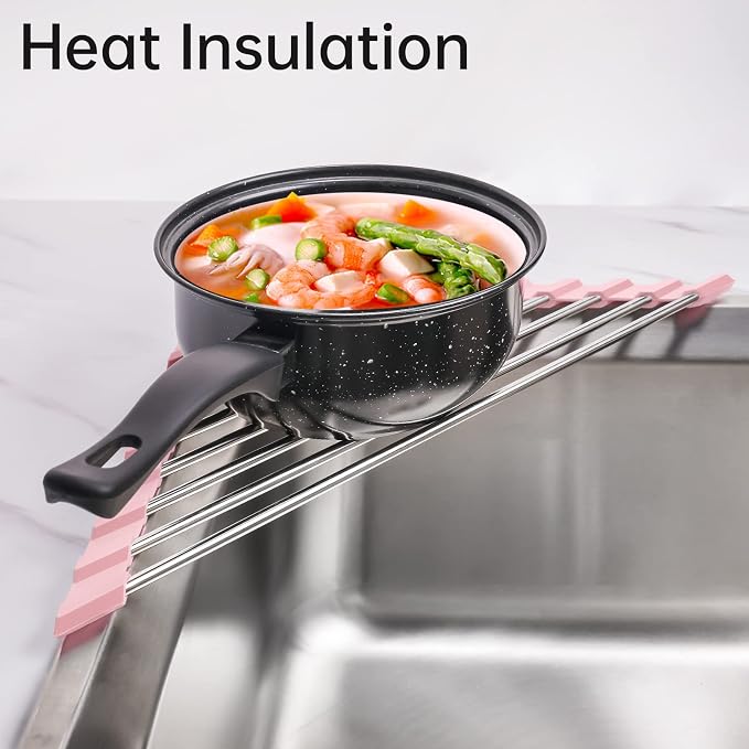 Tomorotec Triangle Foldable Dish Drying Rack, Small Roll-Up Stainless Steel Over Sink Drainer for Kitchen Sink Corner, Rustproof Multipurpose Organizer(Pink) | BPA-Free Food-Grade Silicone Edges Foldable Waterproof Rustproof Heavy-Duty Space Saver Heat...