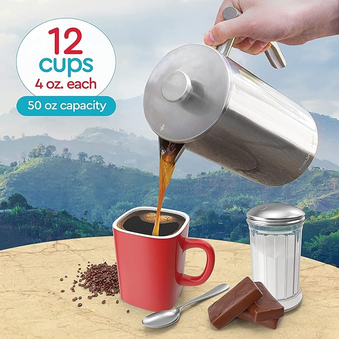 Belwares French Press Coffee Maker - Large 50oz 6-Cup, 304 Stainless Steel Coffee Press, Double Wall Insulated Heat Retention, 4-Level Filtration for Smooth Ground-Free Coffee, 2 Extra Filters, Silver