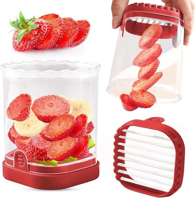Creative Strawberry Slicer, Detachable Cutter with Push Plate (Red)