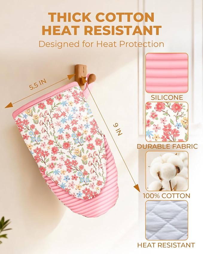 100% Thick Cotton Oven Mitts Ribbed Soft Silicone Pink Flower | Aesthetic Oven Mitts for Women, Machine Washable Non-Slip Kitchen Mitts, Reversible for Both Hands, Stylish Kitchen Decor