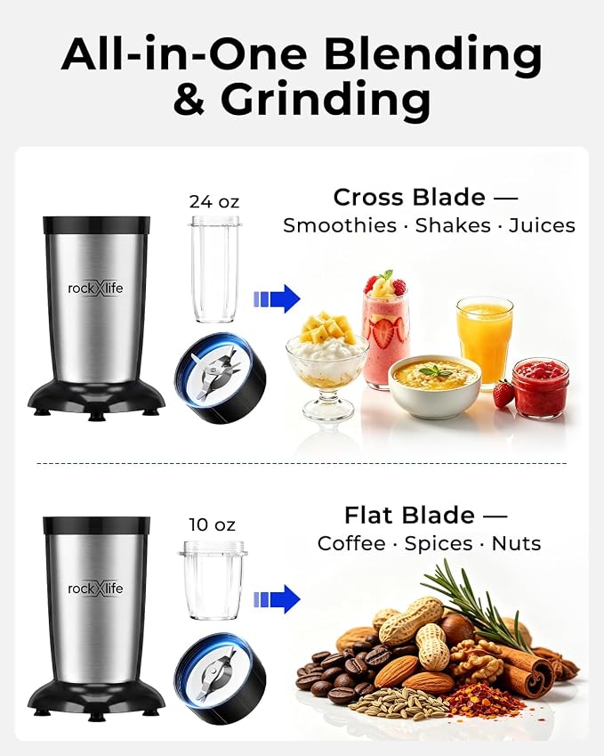 Personal Blender, Silver, 2-in-1 Smoothie Maker & Grinder | for smoothies, protein shakes, ice crushing, coffee beans, spices and nuts; BPA-free dishwasher-safe cups