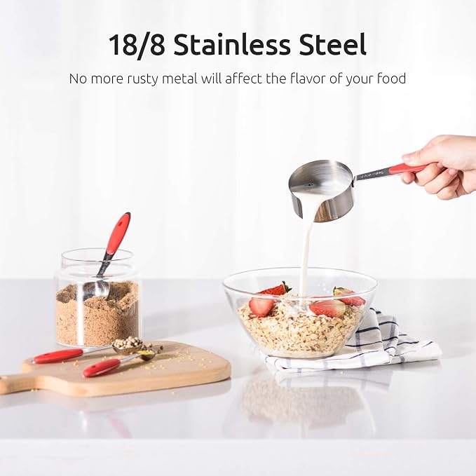 U-Taste Measuring Cups Spoons Set, 18/8 Stainless Steel, 10Pcs, Red | Upgraded Thickened Handle, Reinforced Welded Joints, Nested Stackable Design, Metal Measure Set for Kitchen Baking Cooking