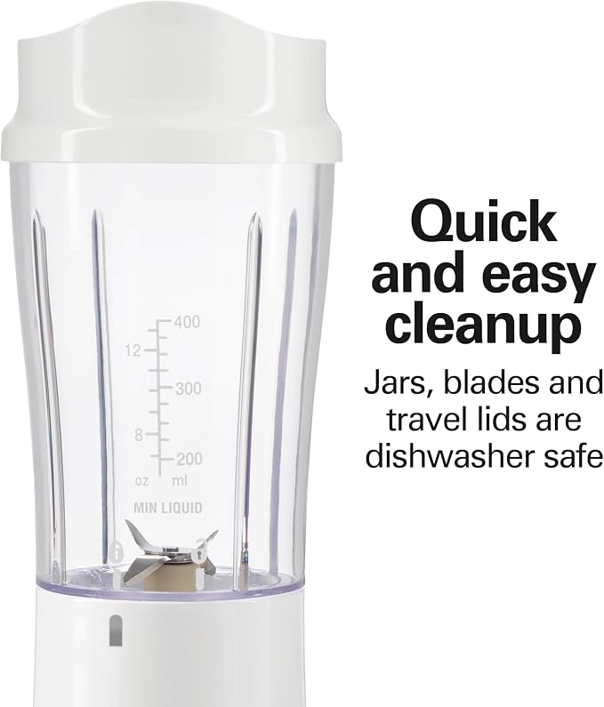 Hamilton Beach Portable Blender for Shakes and Smoothies,14 Oz BPA Free Travel Cup & Lid,Durable Stainless Steel Blades,Personal Smoothie Blender,2 Jars - White (51102V),(Pack of 2)