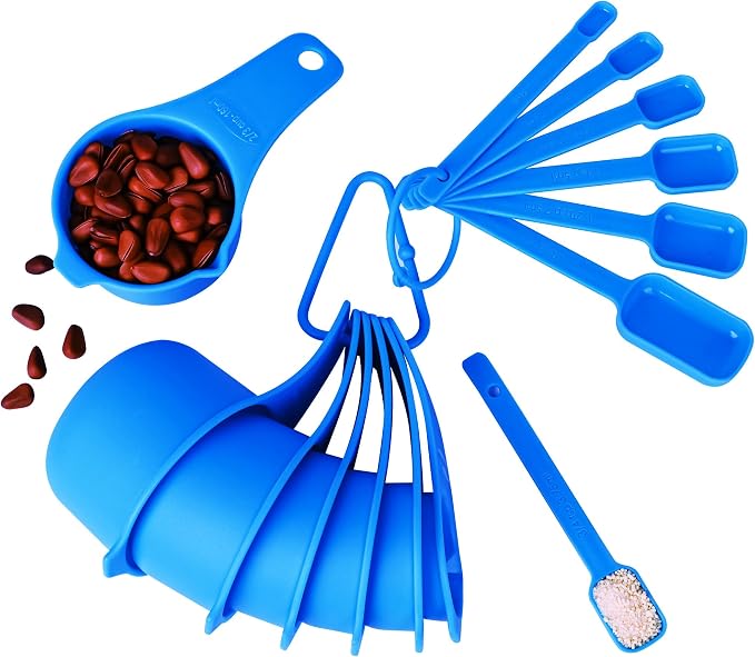 Plastic Measuring Cups and Spoons Set 15, Blue Dry & Liquid Measuring Cups and Spoons, Metric & US 7 Measure Cups & 7 Measure Spoons for Kitchen & Baking