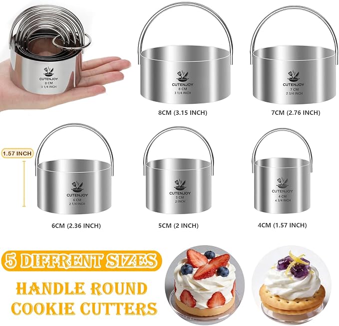 Cookie Cutters, 5 Pieces Round Biscuit Cutter Set with Handle | Dishwasher-Safe, Comfortable Grip, Professional Baking Dough Cutter Tools for Thick Dough, Biscuits & Fondant