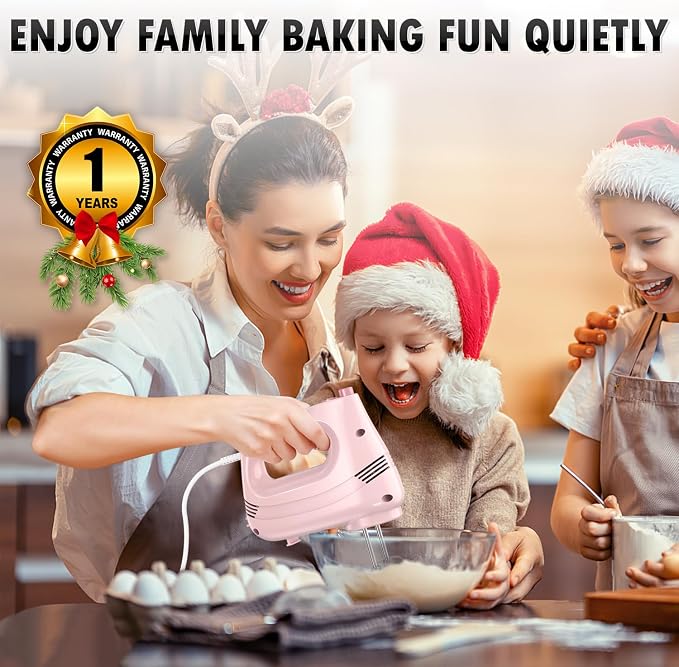 GUALIU Electric Hand Mixer, 304*(2* Beaters, 2* Dough Hooks), (1* Storage Bag) Handheld Mixer for Baking Cakes, Eggs, Cream Food Mixers, Turbo Boost /5 Speed Kitchen Blender PINK