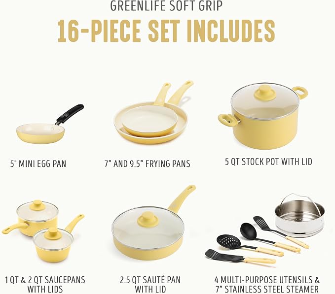 GreenLife 16 Piece Ceramic Nonstick Pots & Pans Cookware Set, Yellow | PFAS-Free Nonstick Coating, Stockpot, Frying Pans, Saucepans, Sauté Pan, Stay-Cool Handles, Dishwasher & Oven Safe up to 350F