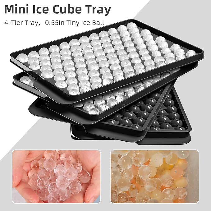 Mini Ice Cube Trays for Freezer with Lid, 0.55" Pebble Ice | 4 Trays-Black, with Ice Box & Scoop. for Coffee, Bottle, Juice & Drinks, Easy Twist Release, Stackable