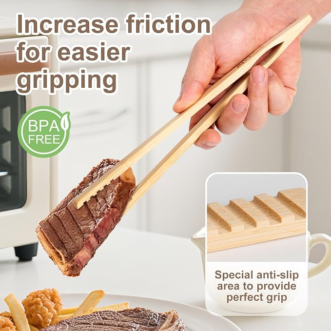 Magnetic Bamboo Toaster Tongs (Set of 2), 10.2-Inch Extra-Long Kitchen Tongs with Rebound-Construct & Anti-Slip Grip, Ideal for Cooking, BBQ, Serving - by LABOOS