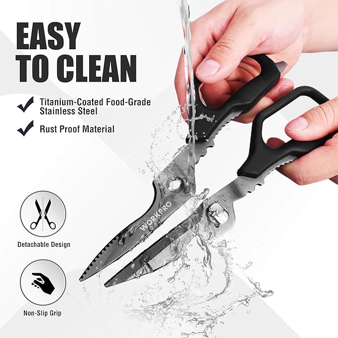 WORKPRO Kitchen Scissors, All Purpose Kitchen Shears Titanium Coated | Detachable Stainless Steel Blades, for Easy Cleaning, Heavy Duty for Meat, Fish, Nuts, Vegetables, Protective Cover Included