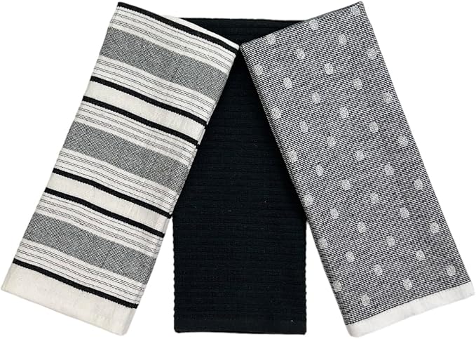 Black White Kitchen Hand Dish Towels: Oversized 28" x 16",100% Cotton Cloth Soft Cleaning Drying Absorbent Striped Solid Polka Dot Design, Set of 3 Multipurpose for Everyday Use (Black Austin)