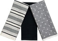 Black White Kitchen Hand Dish Towels: Oversized 28" x 16",100% Cotton Cloth Soft Cleaning Drying Absorbent Striped Solid Polka Dot Design, Set of 3 Multipurpose for Everyday Use (Black Austin)