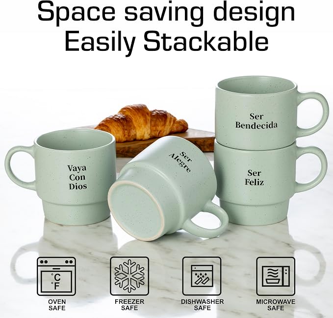 Signature Housewares Stackable Coffee Mug Tower Set with Metal Wire Rack - 15 Ounce Coffee Mugs for Coffee, Tea, Cocoa, Milk, Cappuccino, Hot Chocolate Set of 4 - Spanish Bendecida Blessed