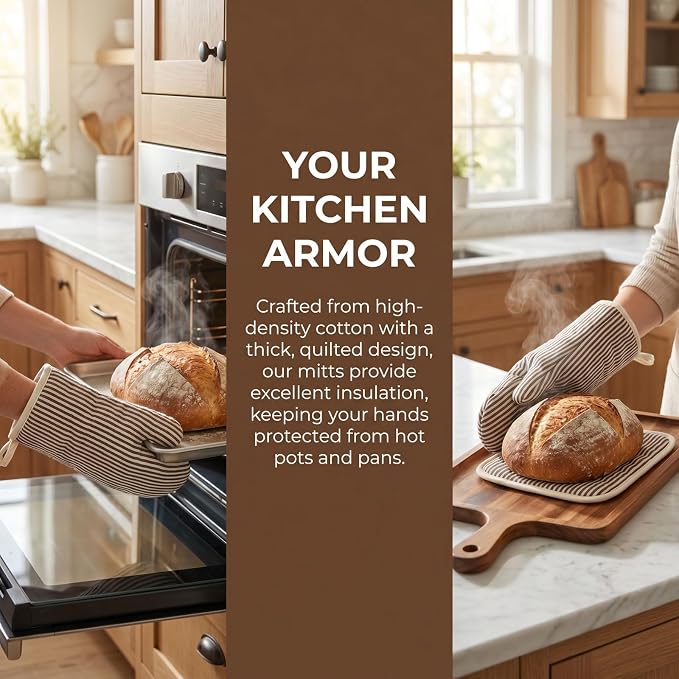 4Pcs Oven Mitts and Pot Holders, Heat Resistant Oven Mitts Set with Pothholder,Heat Resistant Microwave Gloves Safe for Baking,Cooking, BBQ (Khaki)