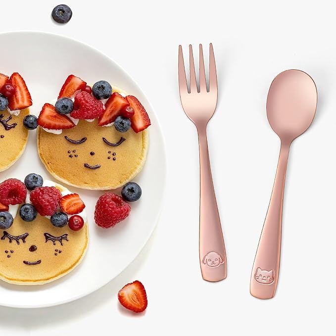 12Pcs Stainless Steel Toddler Utensils Small Metal Kids Silverware | Food-grade, Ideal Transitional Baby Forks and Spoons, Cute pattern, Designed for Children, Dishwasher Safe, Mirror Polished