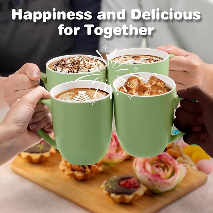 Urbanstrive 16 oz Large Coffee Mugs Set of 4 Ceramic Coffee Mug White Coffee Cups Tea Cups Idea Gift for Women Men House Warming Gifts New Home Office, Mint Green 4 Pack