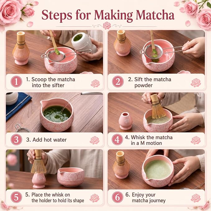 Buucup Matcha Whisk Set, Ceramic Matcha Kit with Bowl & Tools, Rose Pink | 7-piece set includes ceramic bowl, bamboo whisk, scoop, holder, rest, sifter and tea towel for home matcha preparation.
