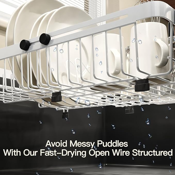 White Dish Drying Rack Over The Sink with Utensil Holder, Mat | Expandable Stainless Steel Dish Drainer for Small Kitchen, Apartment, RV, Counter Space Saving, Perfect Fit, Rustproof