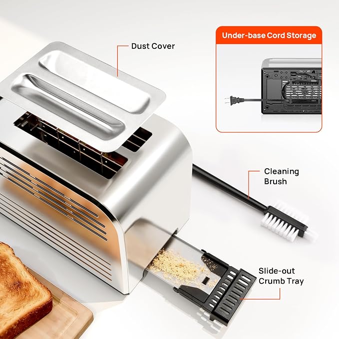 Consciot Smart Touch Screen 2 Slice Toasters with 6 Browning Levels, Timer | Reheat/Defrost/Cancel, Extra-Wide Slots, Removable Crumb Tray, Auto Pop-up & Anti Jam, Peak 925W, Full Stainless Steel Body