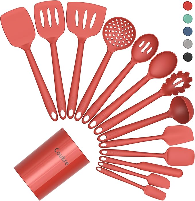 Coukre Silicone Kitchen Cooking Utensils Set, Heat Resistant, 14-Piece | Dishwasher-Safe, Food-Grade Silicone, BPA-Free, Spatulas, Spoons & Turner, Safe for Nonstick Cookware, PureRed