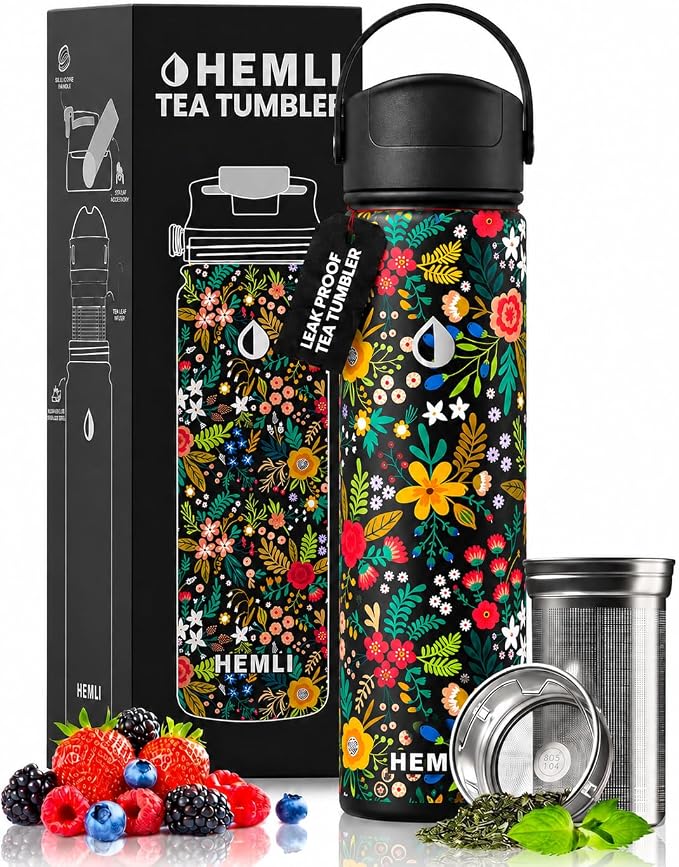 22 oz Ceramic Lined Tea Infuser Travel Tumbler, Micro-Mesh Stainless Steel Infuser, Pure Taste Ceramic Interior, Triple Insulated 12hr Hot Cold, Dual Sip & Straw Lid, Scratch-Resistant