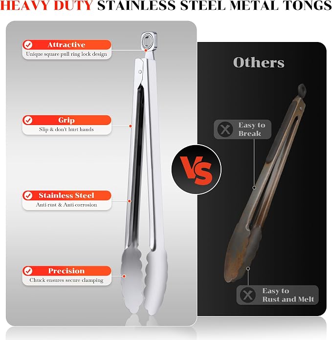 7/9/12 Inch Kitchen Tongs for Cooking, Heat Resistant Stainless Steel Tongs | Heavy Duty Metal Tongs Grilling Tongs Grill Tongs BBQ Tongs for Cooking,Grilling,BBQ/Barbecue,Food (All Metal - 7"+9"+12")