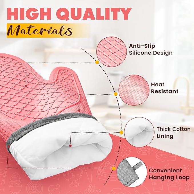 Silicone Oven Mitts (2 PCS), Waterproof Non Slip Grip Oven Gloves with Thick Soft Cotton Lining, Universal Fit Heat Resistant Kitchen Gloves for Baking, BBQ, Cooking and Grilling-Pink