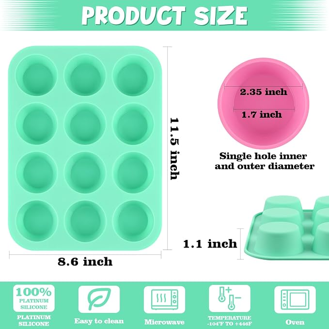 2 Pack Silicone Muffin Pan, Nonsticks 12 Cups Standard Cupcake Pans, Silicone Molds for Baking Muffin, Egg Bite, Cupcakes, Tart and Quiche (Pink & Green)