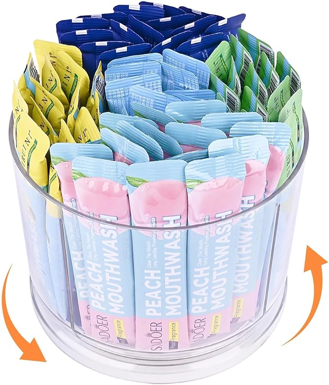 Drink Packet Organizer, 360° Spinning Lazy Susan for Pantry & Cabinet – Clear Acrylic Rotating Drink Mix Holder with 5 Compartments for Drink Mix Packets, Flavor Sachets, Coffee & Tea Packets
