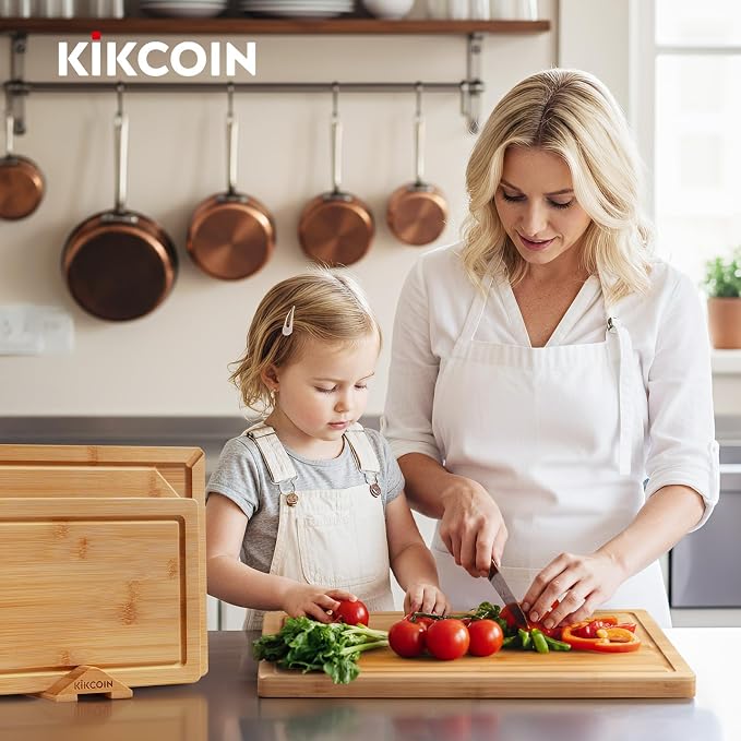 Kikcoin 3+1 Piece Self-Draining Bamboo Cutting Boards, Wooden Cutting Boards for Charcuterie, Vegetables, Cheese, Bread, Extra Large Chopping Boards with Deep Juice Groove and Handle, Natural