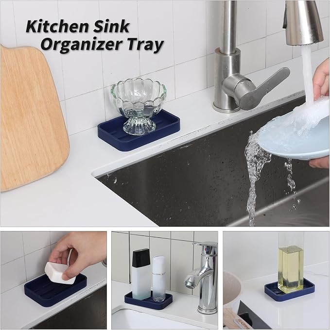 MicoYang Silicone Kitchen Sink Organizer Tray for Multiple Usage,Easy Clean Sponges Holder for Kitchen Bathroom Counter or Sink,Dish Soap Dispenser,Scrubber,Bottle,Cup Navy Blue 4.9”x 3.2”