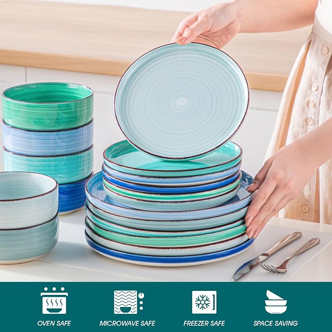 vancasso Bonita Dinnerware Sets 18 Pieces, Blue Stoneware Dishes Set for 6, Plates Set and Bowls Sets, Dishwasher and Microwave Safe