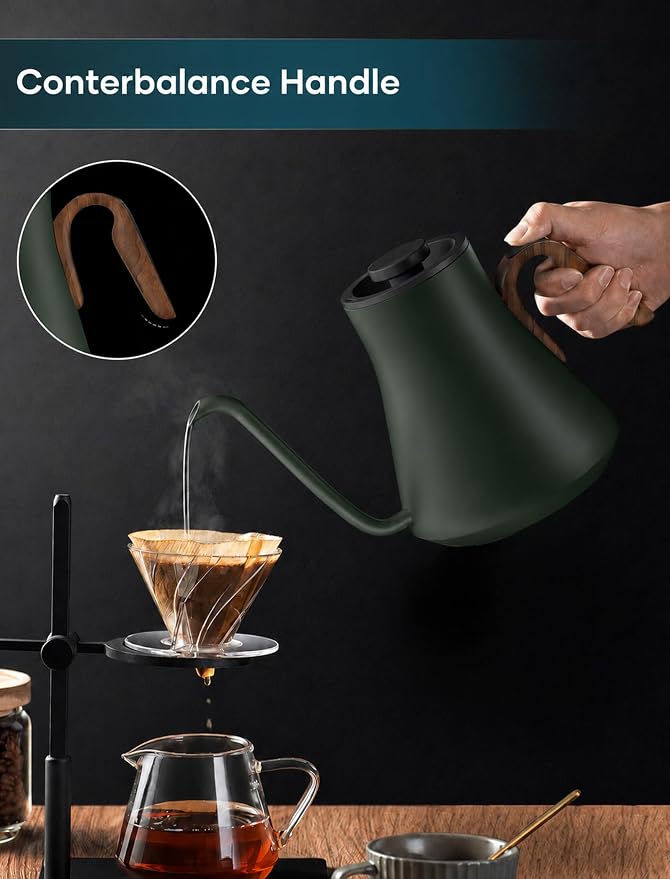 INTASTING Gooseneck Electric Kettle with 1℉ Temperature Control, 0.9 Liter | Fast Heating, Stainless Steel Interior, for Pour Over Coffee, Tea & Boiling Water, Keep Warm, Auto Shut-Off, Hunter Green
