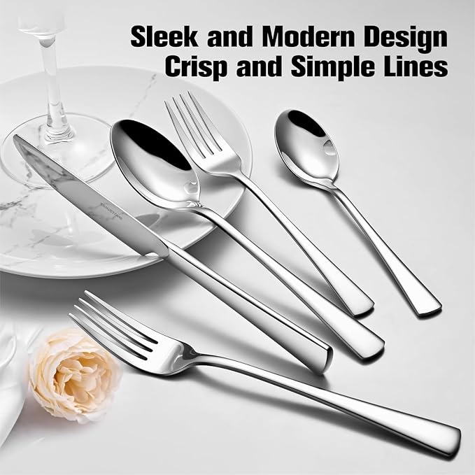 45 Piece Silverware Set for 8 with Serving Utensils, 18/10 Stainless Steel | KINGSTONE Forged Flatware Cutlery Set, Mirror Polished Knives Fork and Spoon Utensils, Dishwaher Safe for Home Wedding Party