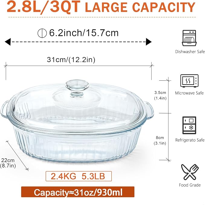 Reasim 2.8L/3Qt Glass Casserole Baking Dish with Lid, Large Oval Glass Casserole Dish with Lid,Mixing Bowl Food Container,Oven,Freezer&Microwave Safe,Clear Container