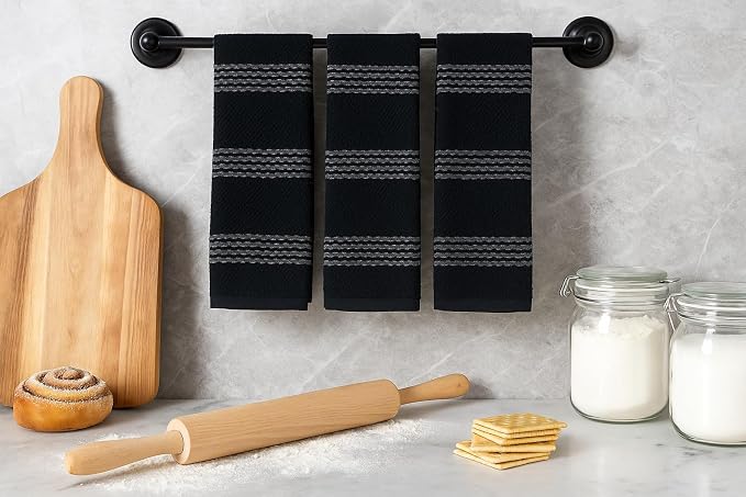 Black Kitchen Hand Dish Towels: Oversized 18" x 28",100% Cotton Soft Absorbent Dish Cloths for Cleaning Drying, Set of 3 Multipurpose for Everyday Use