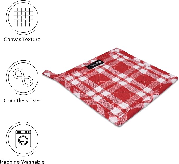 Encasa XO Pot Holders, Quilted Kitchen Hot Pads 8"x8" | Franca Red Checks, 100% Cotton Fabric | Thick Cotton Padding | Heat Resistant | Durable & Washable | Hanging Loop | Set of 2