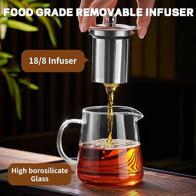 Glass Teapot, Tea Pot with Removable Infusers for Loose Tea, Borosilicate Glass Tea Kettle Tea Maker Stovetop for Party, Camping,Travel (950ML)