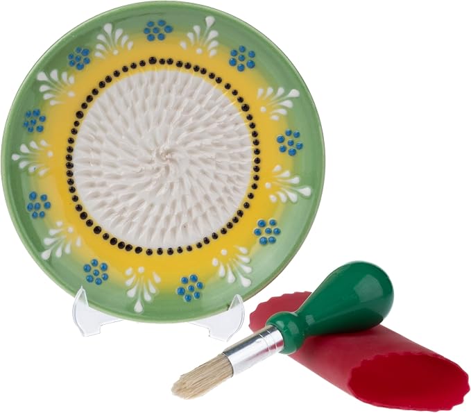 Ceramic Garlic Grater Plate Set – Handmade 4-Piece Press & Natural Grinder for Ginger, Cheese & Spices – Decorative Hand Dish (Green)